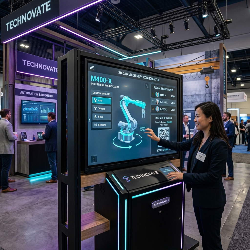 Interactive B2B touch kiosk by PROYECTOS WEB 3 at a trade fair stand showing a 3D configurator