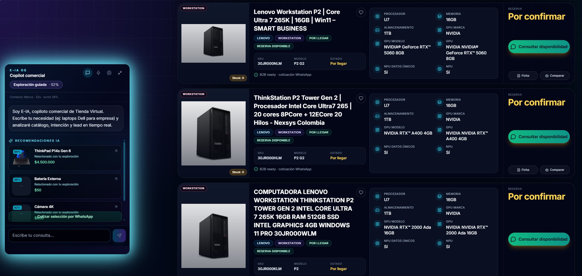 Ejemplo CommerceOS: listado de productos en catálogo inteligente y conversación con el asistente E-IA